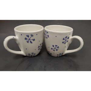 Mugs Hand Painted White with Blue Snowflake Pattern Set of 2